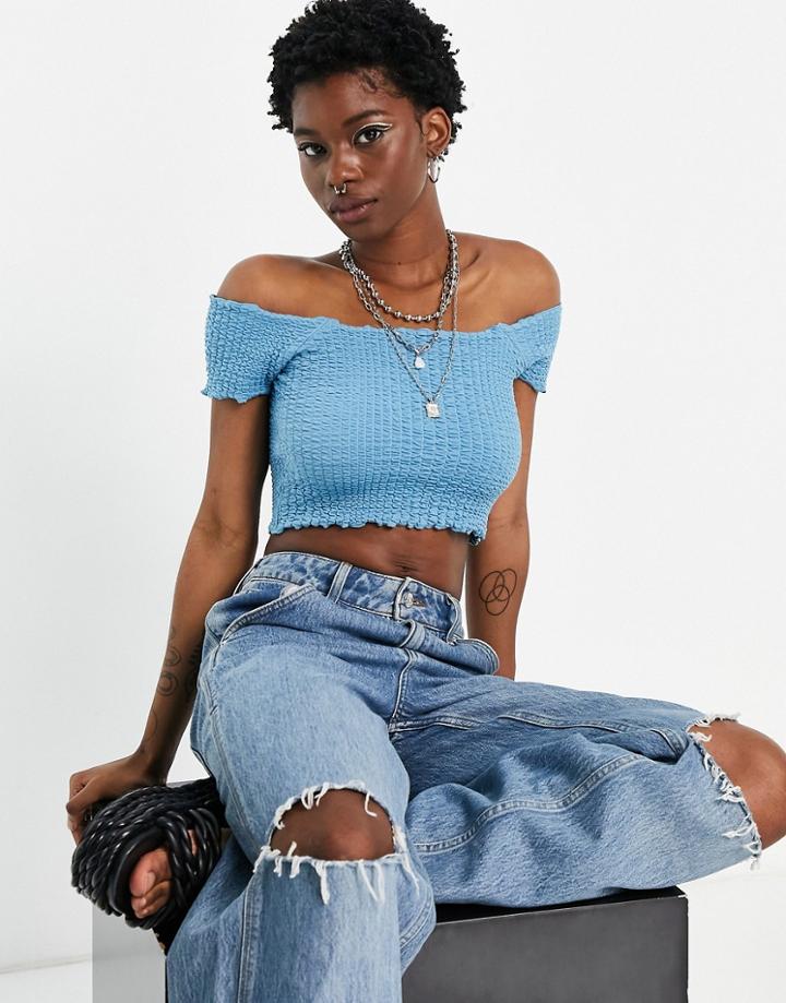 Topshop Shirred Bardot Top In Blue-blues