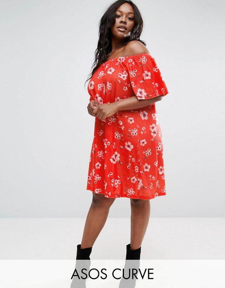 Asos Curve Boho Off Shoulder Dress In Floral Print - Red