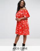 Asos Curve Boho Off Shoulder Dress In Floral Print - Red