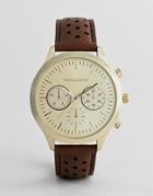 Asos Design Classic Watch With Perforated Strap And Subdials In Tan And Black - Tan