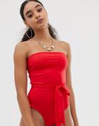 Prettylittlething Belted Bandeau Swimsuit In Red - Red