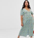 Asos Design Curve Jersey Crepe Maxi Tea Dress With Self Covered Buttons In Blue Ditsy - Multi