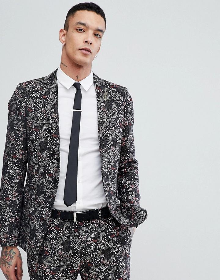 Devil's Advocate Skinny Fit Floral Suit Jacket - Black
