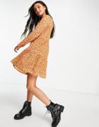 Asos Design Long Sleeve Tiered Smock Mini Dress In Ochre Floral Print-multi
