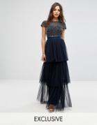 Maya Cape Sleeve Tiered Maxi Dress In Tonal Delicate Sequin With Bow Back - Navy