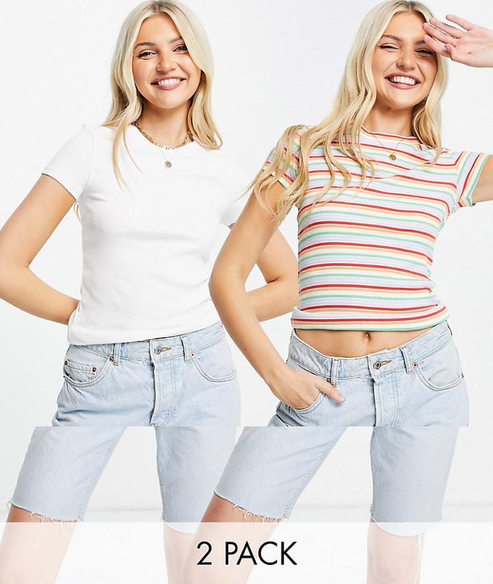 Monki Magdalena Organic Cotton 2 Pack T-shirt In Rainbow Stripe And Plain-multi