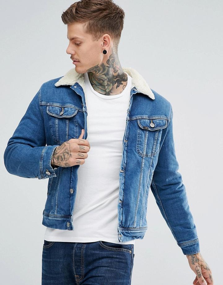 Lee Sherpa Rider Denim Jacket Mid Wash - Blue