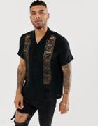 Asos Design Oversized Revere Shirt With Lace Insert In Black