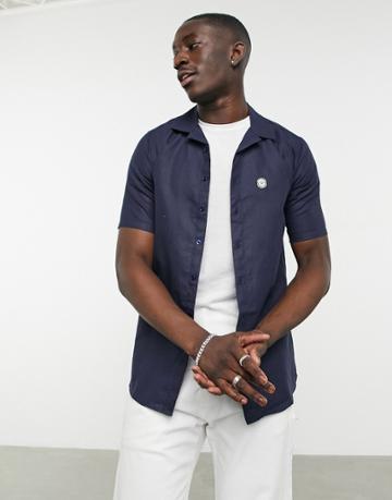 Le Breve Short Sleeve Linen Mix Camp Collar Shirt In Navy-blues