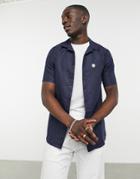 Le Breve Short Sleeve Linen Mix Camp Collar Shirt In Navy-blues