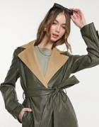 Helene Berman Contrast Pleather Ruth Coat In Khaki-green