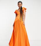 Asos Design Tall Recycled Polyester Ruffle Shoulder Pleated Maxi Dress In Orange