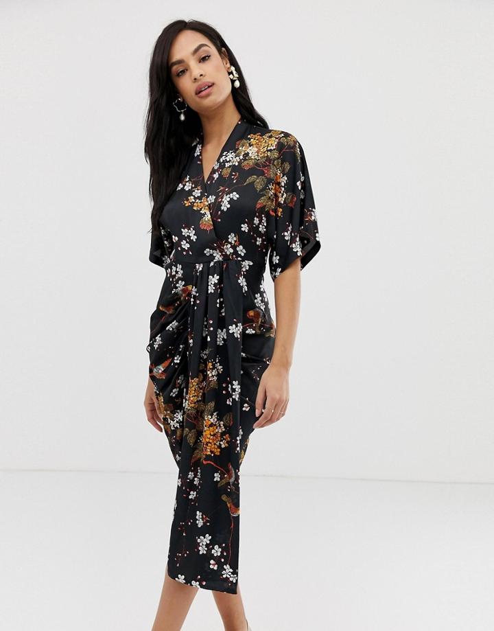 Liquorish Floral Midi Dress With Drape Front Detail - Multi
