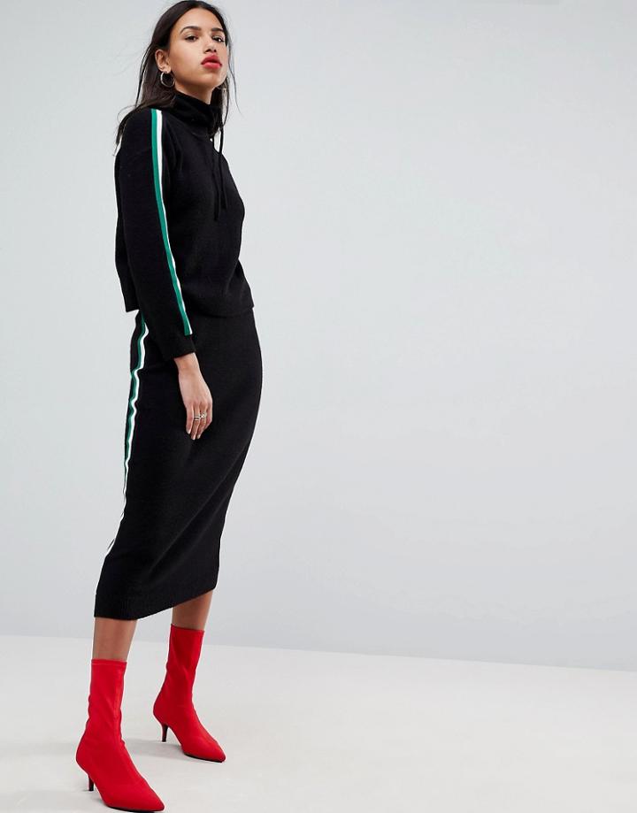 Asos Co Ord Knitted Midi Skirt With Sports Tipping - Black