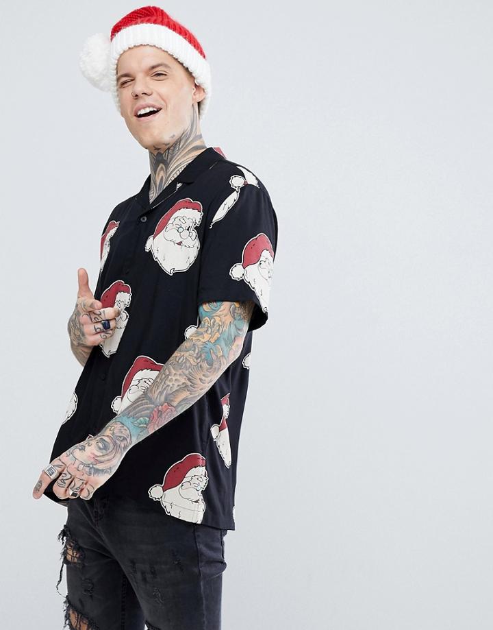 Asos Holidays Oversized Viscose Santa Print Shirt With Revere Collar - Black