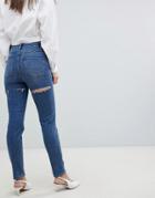 Asos Design Farleigh High Waist Slim Mom Jeans In Dark Stone Wash With Bum Rips - Blue