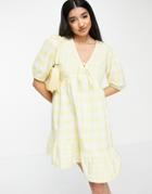Influence Short Sleeve Front Tie Mini Dress In Yellow Gingham