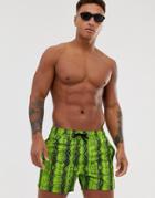 Asos Design Swim Short In Neon Green Snake Print Short Length - Green