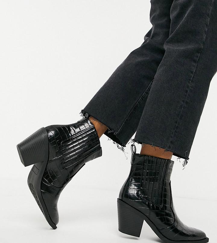 Glamorous Wide Fit Western Boots In Black Croc