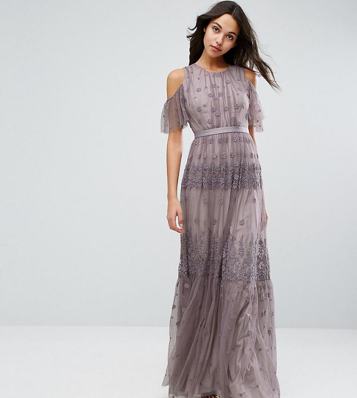 Needle & Thread Daisy Embroidery Maxi Dress With Cold Shoulder - Purple