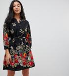 Yumi Petite 3/4 Sleeve Belted Dress In Floral Border Print - Black