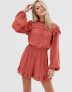 Asos Design Romper With Lace Inserts And Shirring-orange