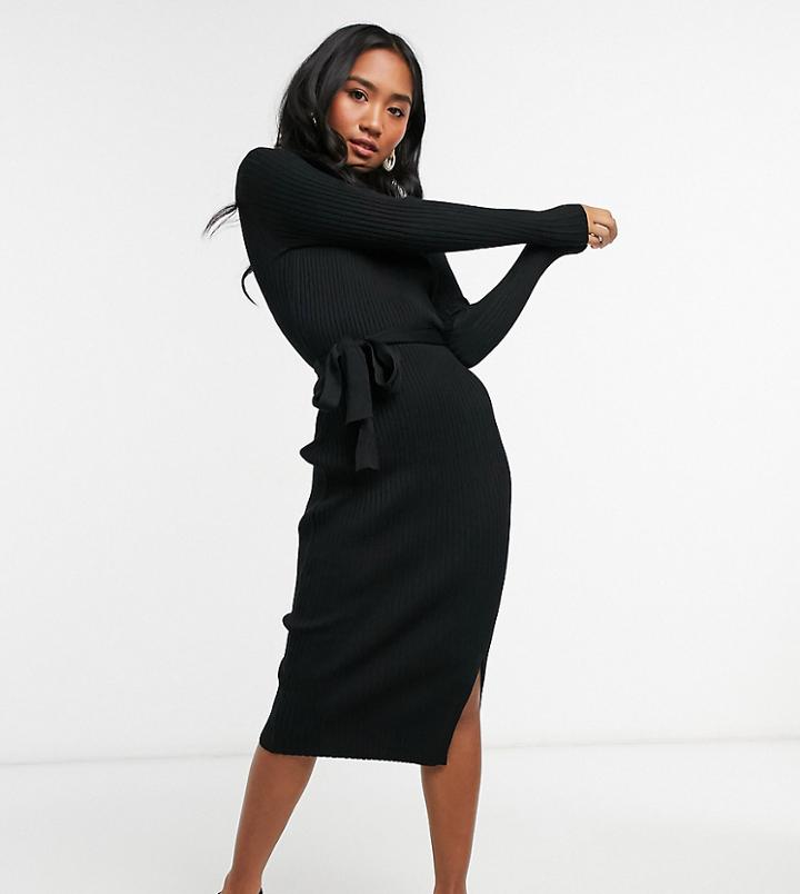 New Look Petite Tie Waist Rib Midi Dress In Black