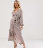 Flounce London Maternity Satin Wrap Front Midi Dress In Antique - Beige