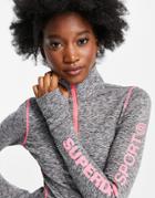 Superdry Sport Performance Reflective Half Zip Top With Pink Logo In Gray And Black Heather