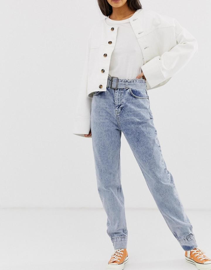 Asos Design Ritson Rigid High Waisted Mom Jeans In Light Vintage Wash With Belted Waist And Cuff Hem Detail - Blue