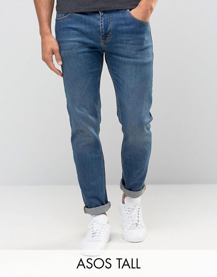 Asos Tall Stretch Slim Jeans In Mid Wash - Blue