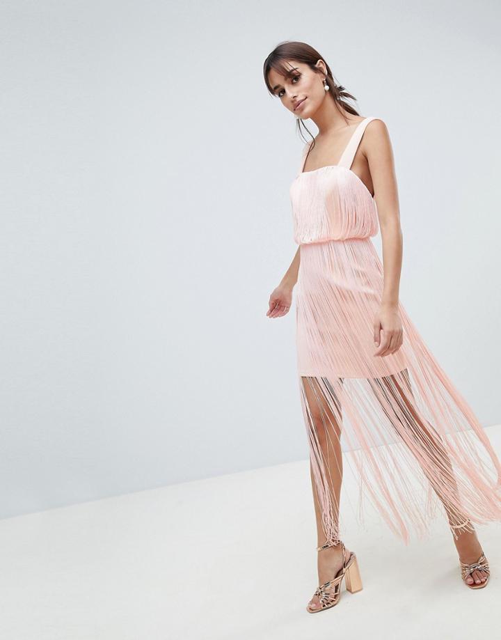 Asos Design Fringe Square Neck Scuba Midaxi Dress - Pink