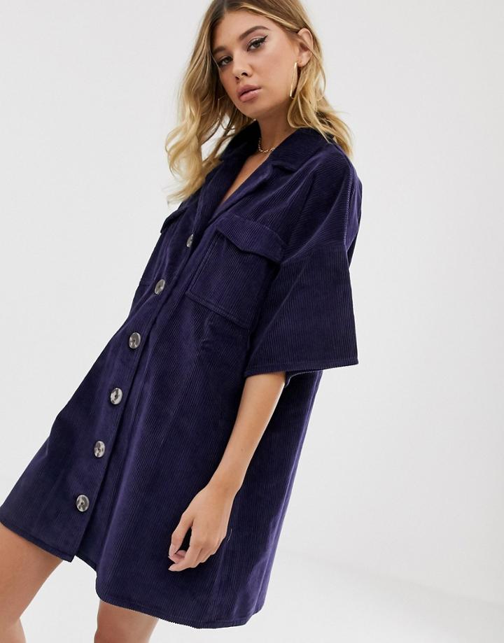 Asos Design Cord Shirt Dress In Blue