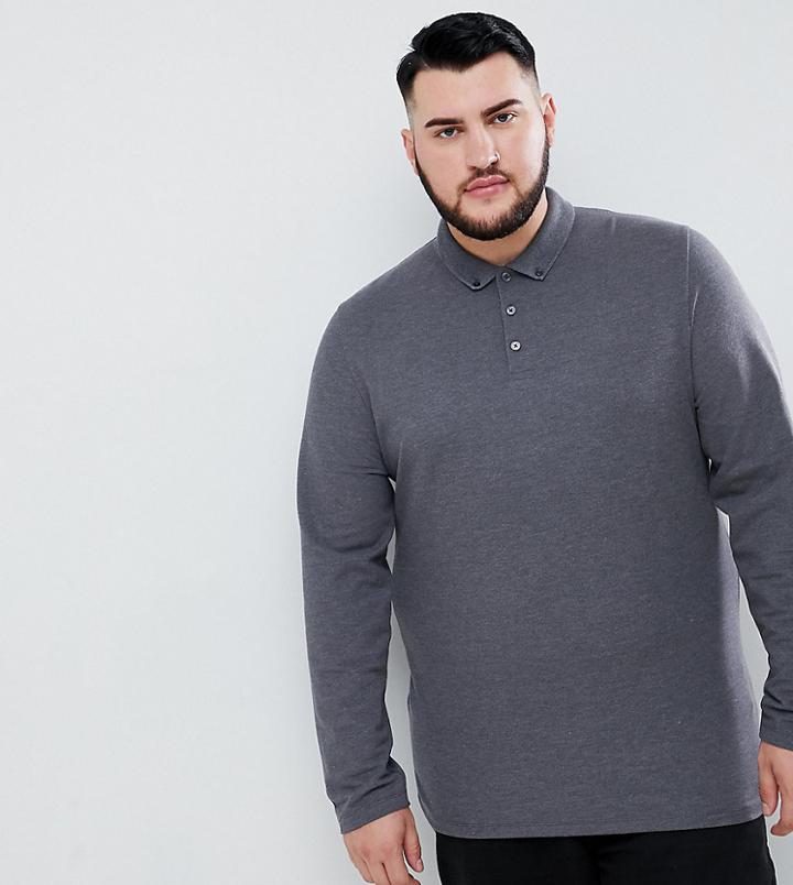 Asos Design Plus Long Sleeve Pique Polo With Button Down Collar In Charcoal Marl-gray