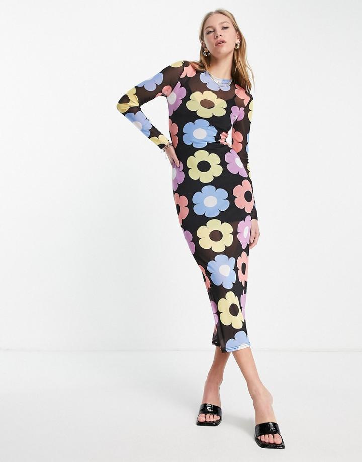 Asos Design Long Sleeve Mesh Midi Dress In Large Retro Floral Print-multi