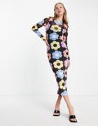 Asos Design Long Sleeve Mesh Midi Dress In Large Retro Floral Print-multi