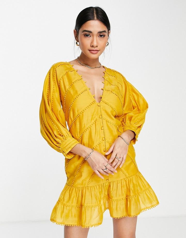 Asos Design Structured Mini Dress With Lace Trim Detail And Puff Sleeve-yellow