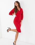 Femme Luxe Plunge Front Puff Sleeve Midi Dress In Red