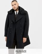 Gianni Feraud Plus Premium Removable Faux Fur Collar Cashmere Blend Military Coat - Black
