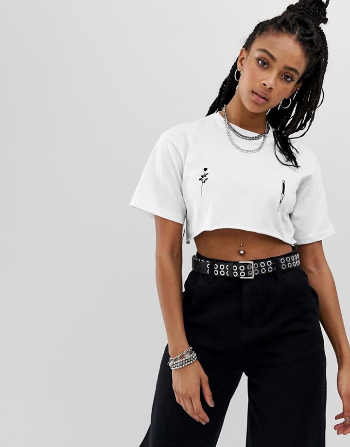 Sacred Hawk Super Cropped T-shirt With Rose & Dagger Print - White