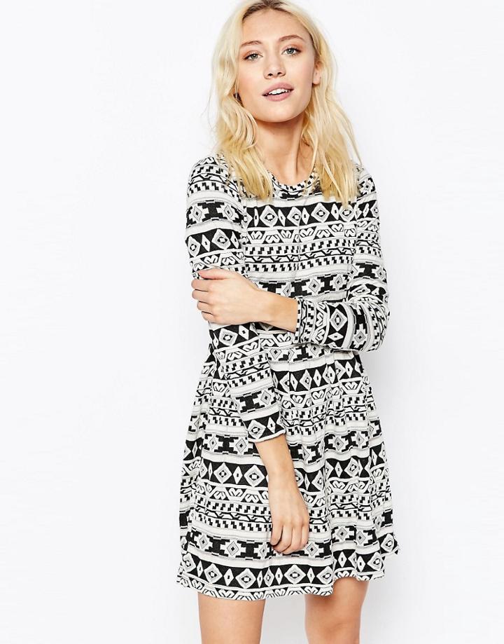 Iska Long Sleece Skater Dress In Geo-tribal Print