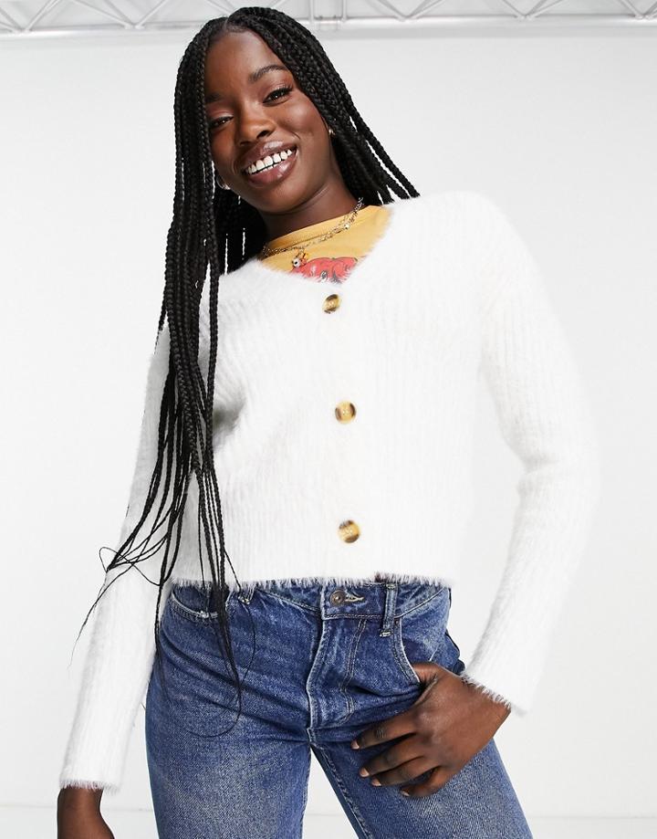 New Look Fluffy Rib Cardigan In Off White