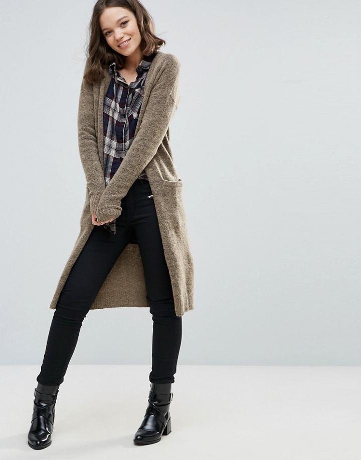 Ichi Longline Cardigan With Front Pockets - Stone