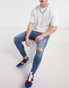 Pull & Bear Super Skinny Jeans With Knee Rip In Light Wash Blue-blues