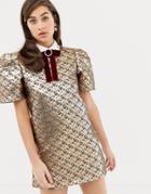 Sister Jane Structured Shift Dress With Velvet Fastening In Jacquard - Gold