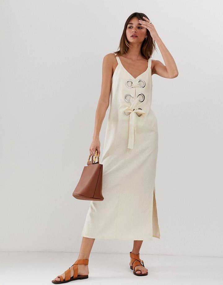 Asos Design Eyelet Detail Cami Maxi Dress In Linen-beige