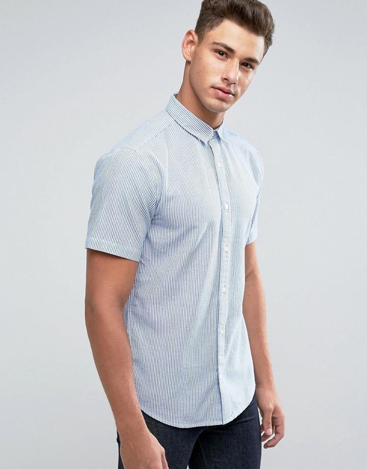 Only & Sons Short Sleeve Shirt In Slim Fit With Oxford Stripe - Navy