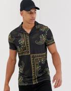 Asos Design Polo Shirt With Bandana Print And Revere Collar-black