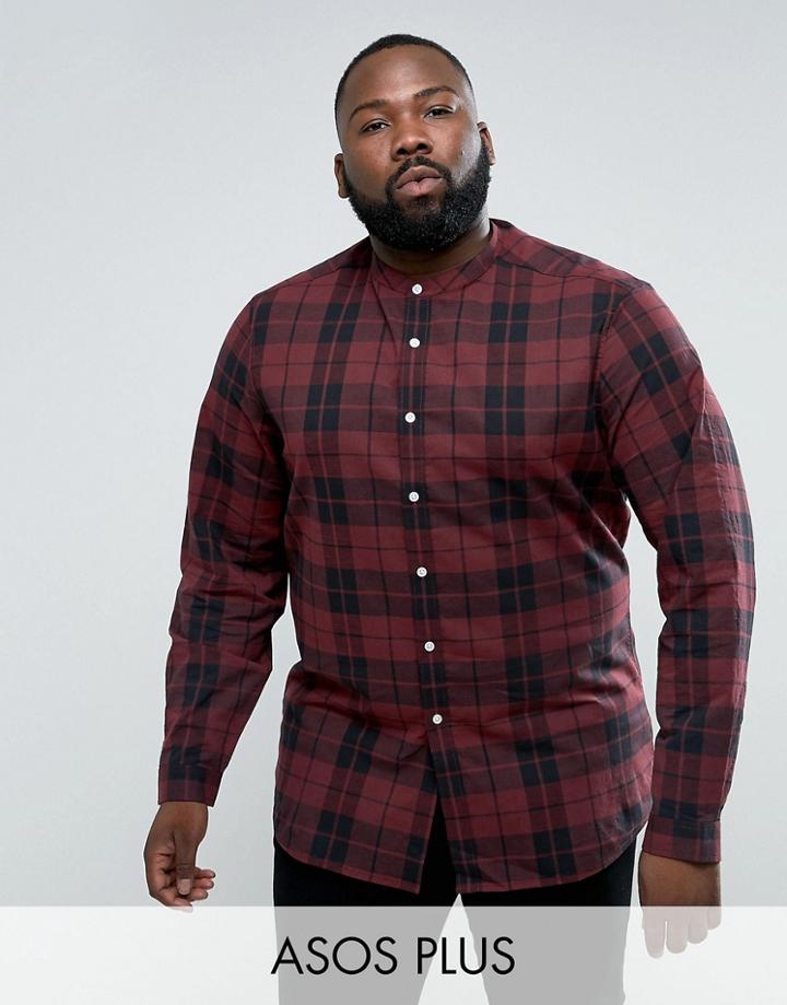 Asos Plus Stretch Slim Check Shirt In Red With Grandad Collar - Red