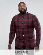 Asos Plus Stretch Slim Check Shirt In Red With Grandad Collar - Red